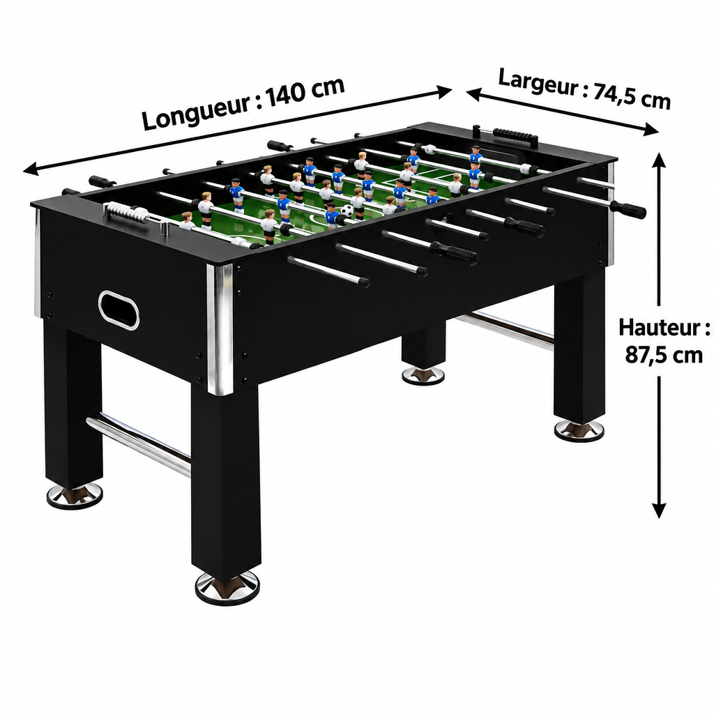 Baby-Foot Professionnel Grand Format - 140 x 74,5 x 87,5 cm - Noir