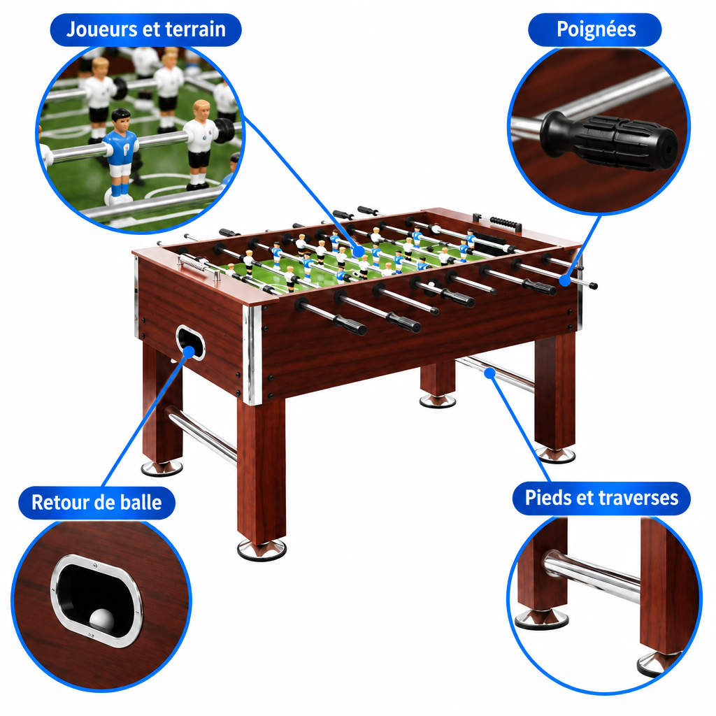 Baby-Foot Professionnel Grand Format - 140 x 74,5 x 87,5 cm - Marron