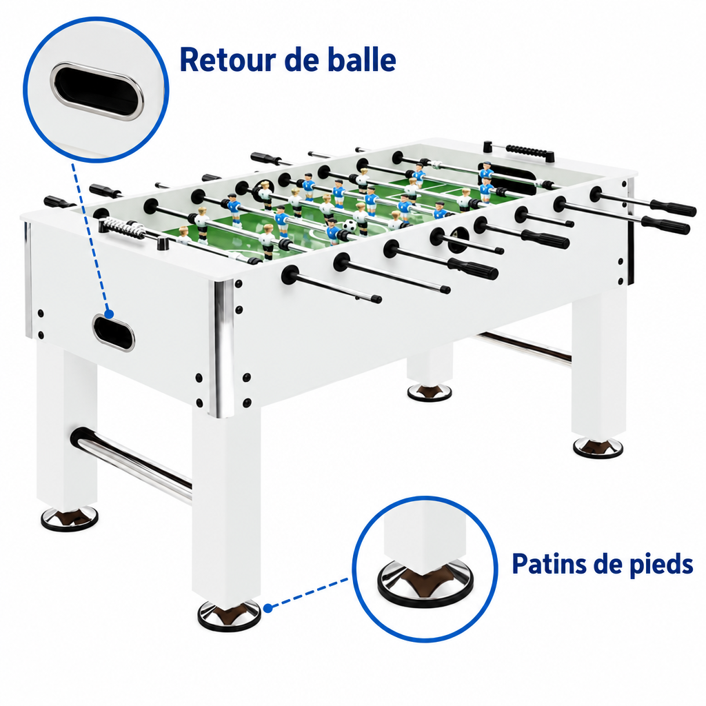 Baby-Foot Professionnel Grand Format - 140 x 74,5 x 87,5 cm - Blanc