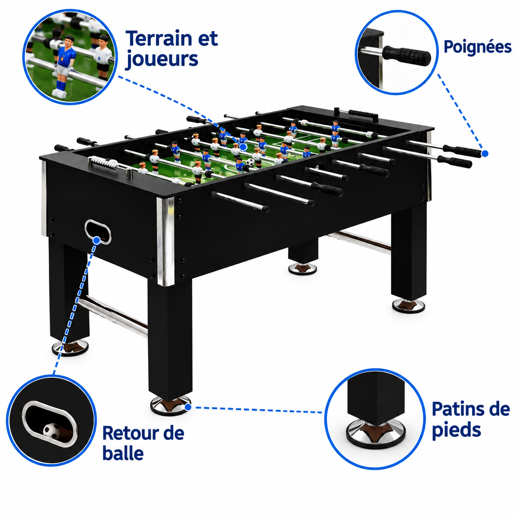 Baby-Foot Professionnel Grand Format - 140 x 74,5 x 87,5 cm - Noir